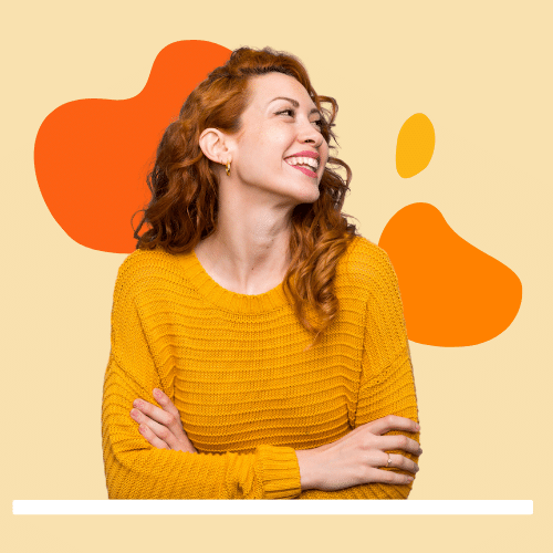 Woman smiling looking towards business funding guide form Woman smiling looking towards business funding guide form