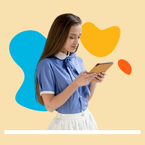Girl standing and holding iPad with blue shirt Girl standing and holding iPad with blue shirt