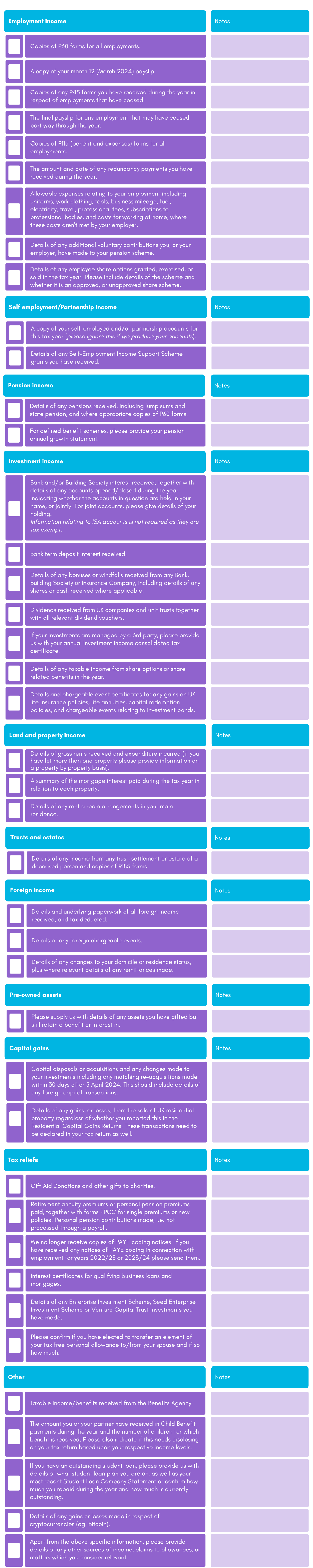 Tax return aide memoire for the 2023/24 tax year