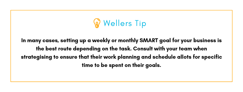 Wellers Tip: In many cases, setting up a weekly or monthly SMART goal for your business is the best route depending on the task. Consult with your team when strategising to ensure that their work planning and scheduling allots for specific time to be spent on their goals.