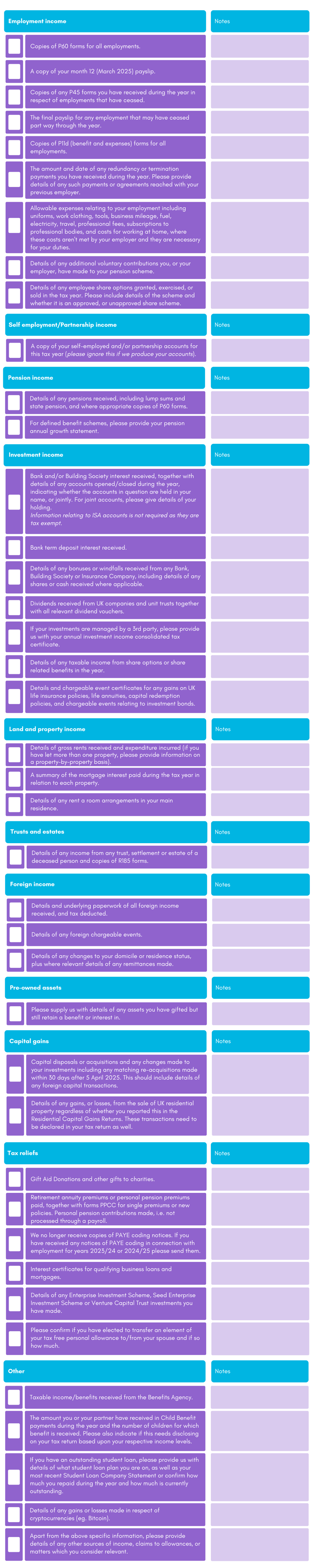 Tax return aide memoire 2025