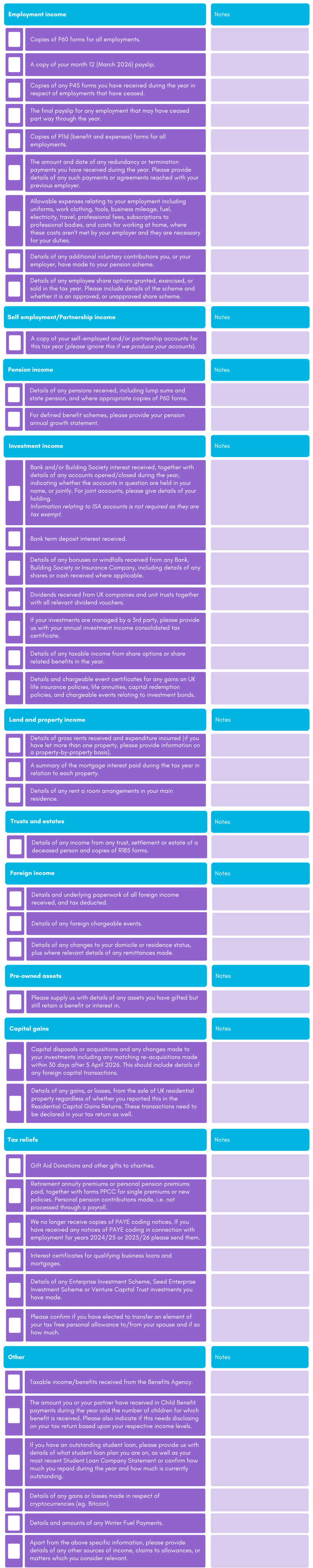 Tax return aide memoire 2026